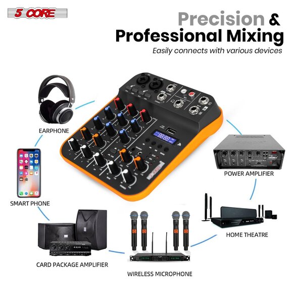 5 Core Audio Mixer 4 Channel DJ Equipment with Bluetooth USB Sound Board Console - Picture 4 of 12